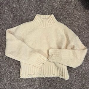 Small Boutique Cream Distressed Turtleneck Sweater